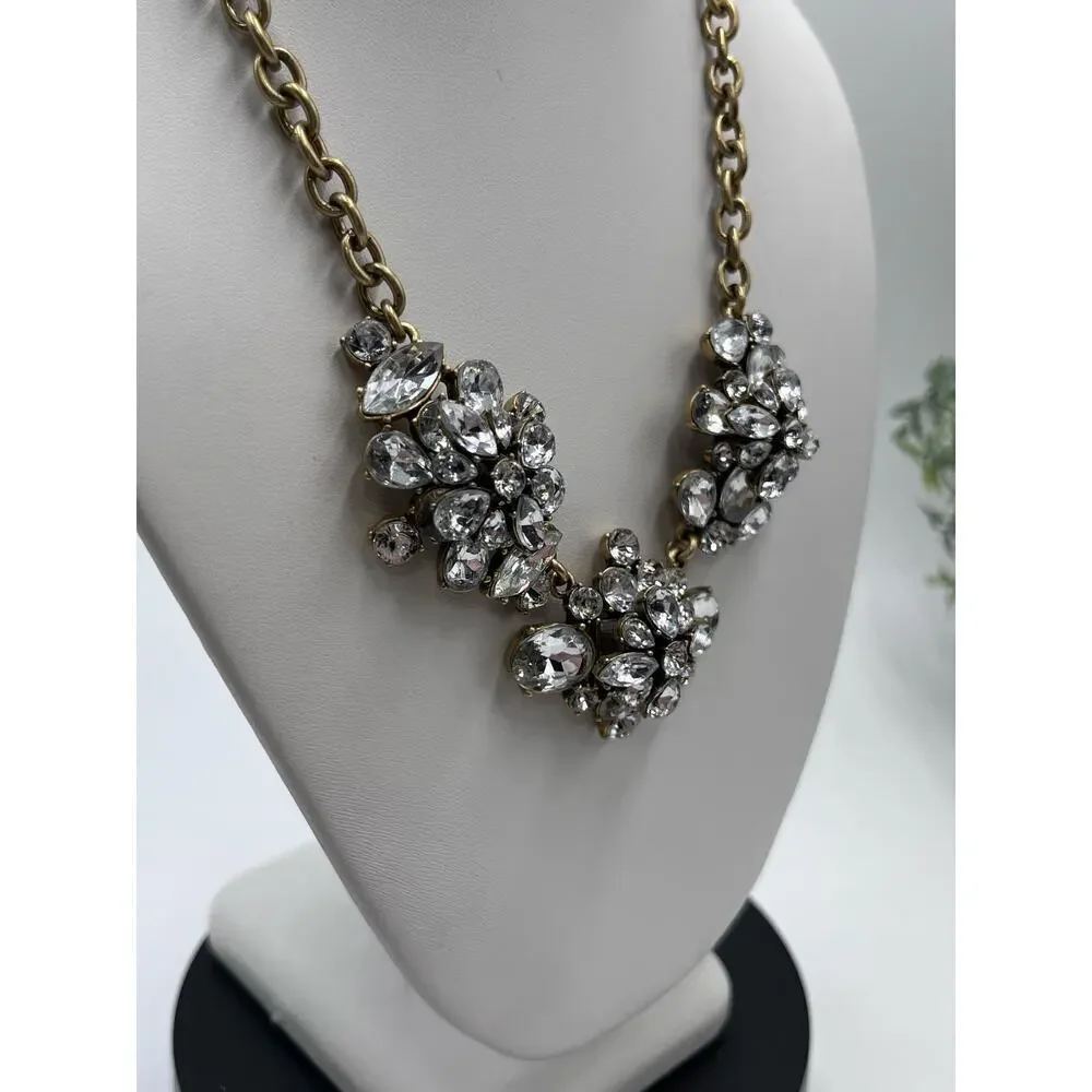 J. CREW Signed Crystal Rhinestone Gold Brass Tone Cluster Statement Necklace New